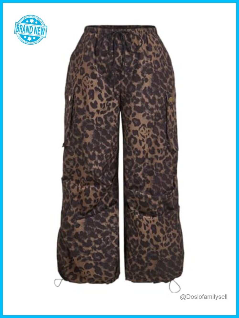 Plus Size Leopard Cargo Pants High Waisted Wide Leg Drawstring